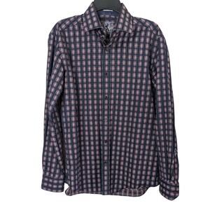 Bugatchi men shaped fit plaid navy button up dress shirt long sleeve Medium